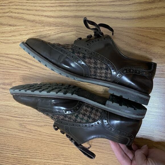 Johnston & Murphy Dark brown tweed knit patent leather oxford wingtip shoes 7 - Picture 6 of 8